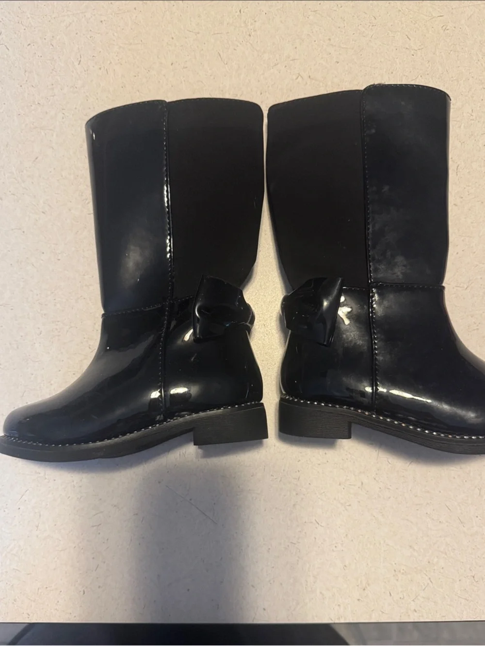 Place Girls Black Patent Tall Boots with Back Bow